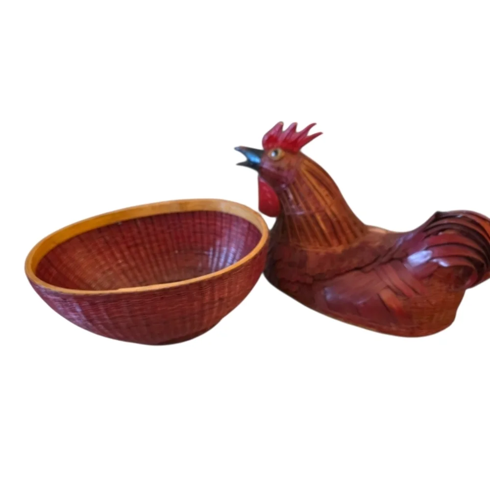 Handcrafted Red Rooster Basket Vintage Two Part Farmhouse Primitive Rustic 3D
